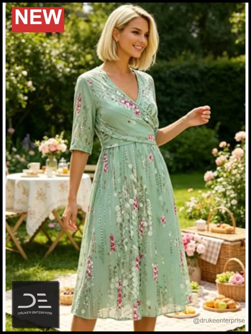 Women's 3/4 Sleeve Midi Dress with Pockets Flowy A-Line Boho V-Neck